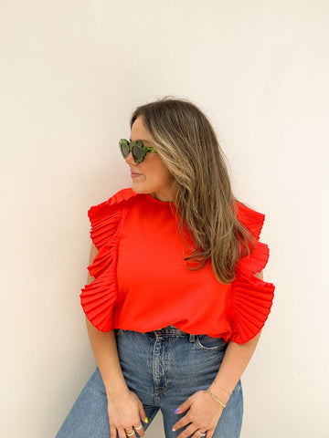 Bright Orange Pleated Ruffle Blouse