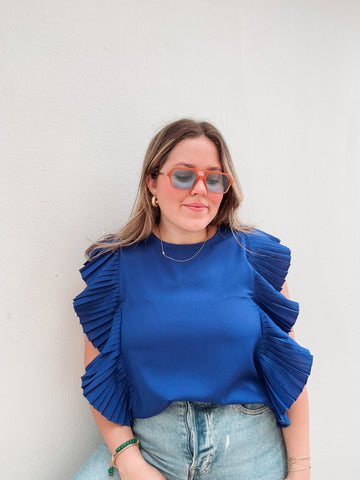 Royal Blue Pleated Ruffle Blouse