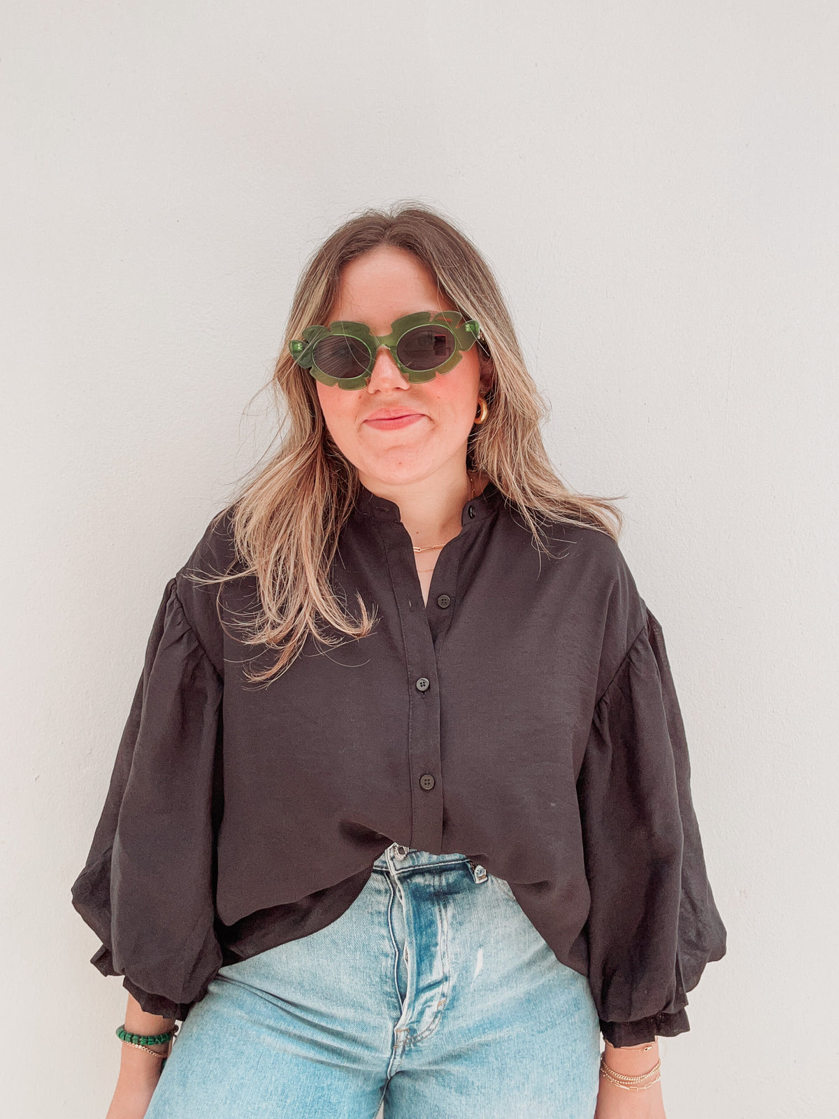 Black Cabana Puff Sleeve Blouse