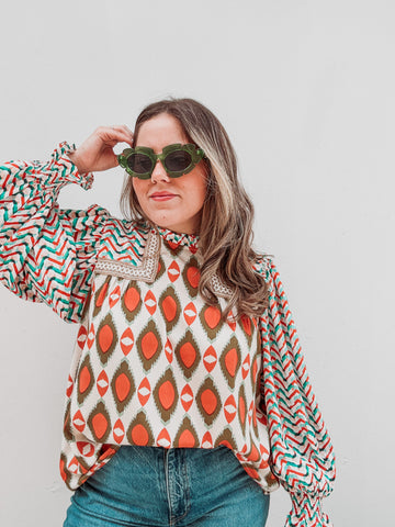 Olive & Corals Mixed Print Blouse