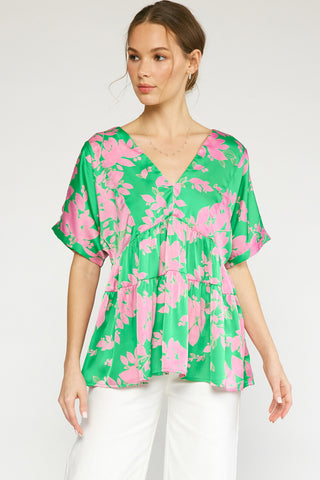 Green & Pink Floral Blouse