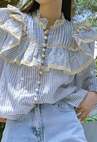 Blue Striped Ruffle Blouse